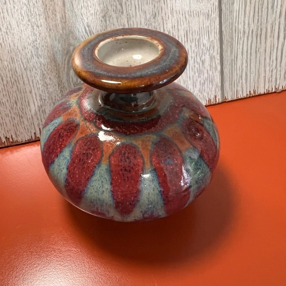 Quality‎ small pottery vase blues and pinks and teals, signed Vintage